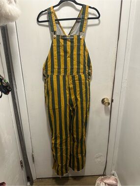 Game Bibs Striped Overalls Size M Green Gold Mustard Retro Game Day